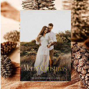 Modern Merry Christmas Family Photo plaid Tartan Foil Holiday Card
