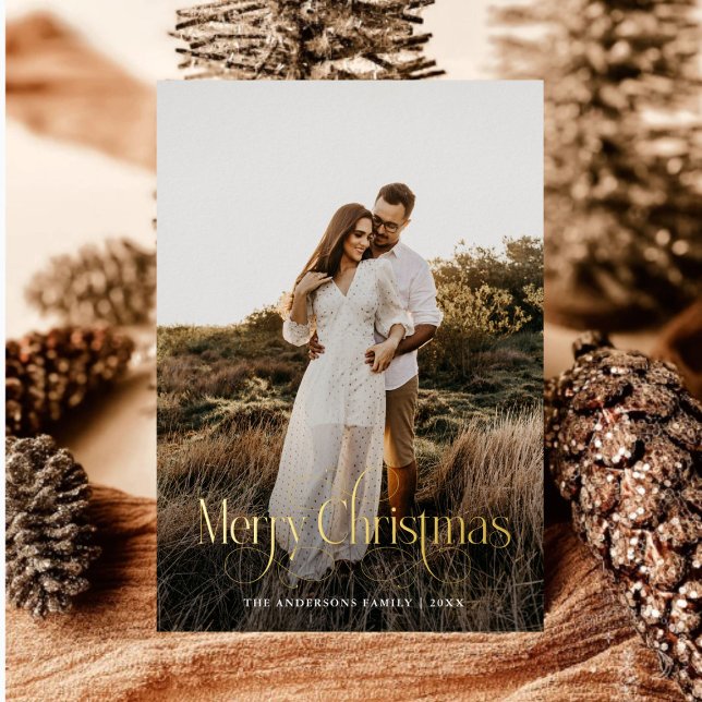 Modern Merry Christmas Family Photo plaid Tartan Foil Holiday Card (Creator Uploaded)