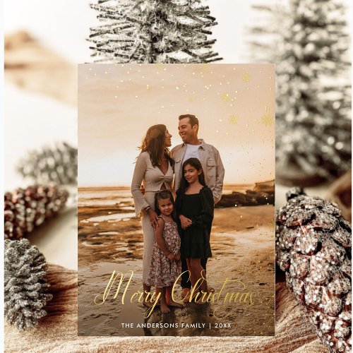 Modern Merry Christmas Family Photo plaid Tartan Foil Holiday Card