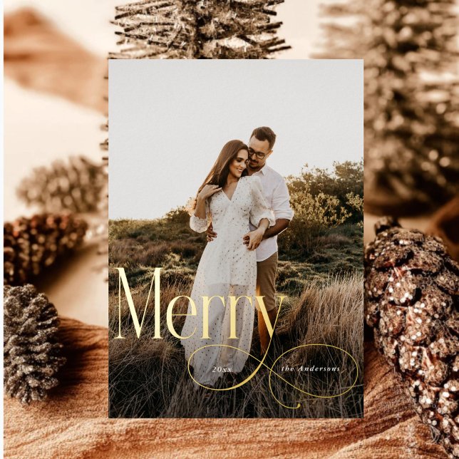Modern Merry Christmas Family Photo plaid Tartan Foil Holiday Card (Creator Uploaded)
