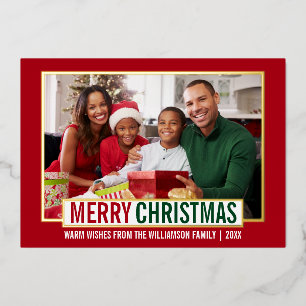 Modern Merry Christmas Family Photo Red Gold Foil Holiday Card