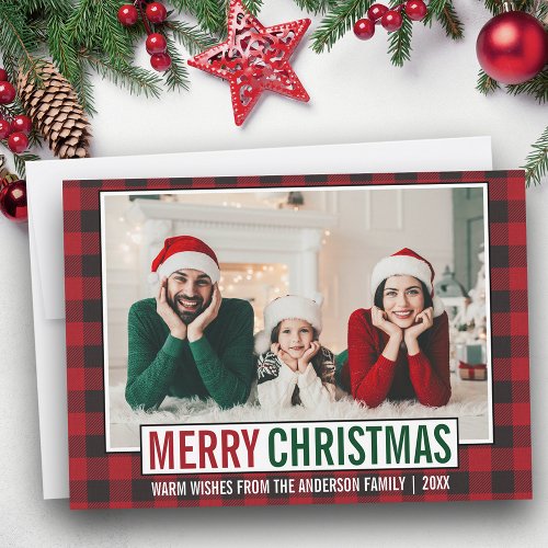 Modern Merry Christmas Family Photo Red Plaid Holiday Card