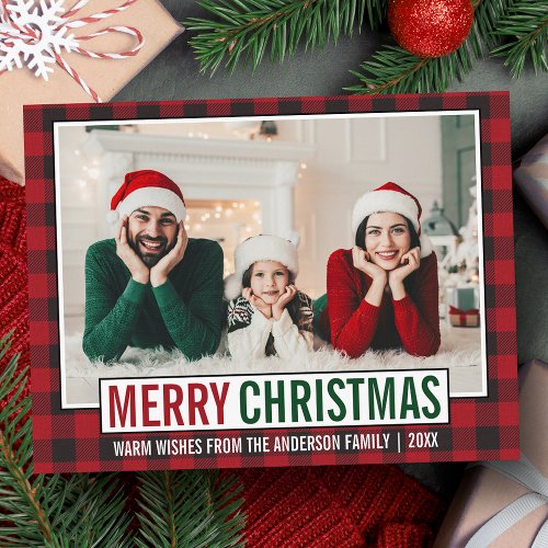 Modern Merry Christmas Family Photo Red Plaid Postcard