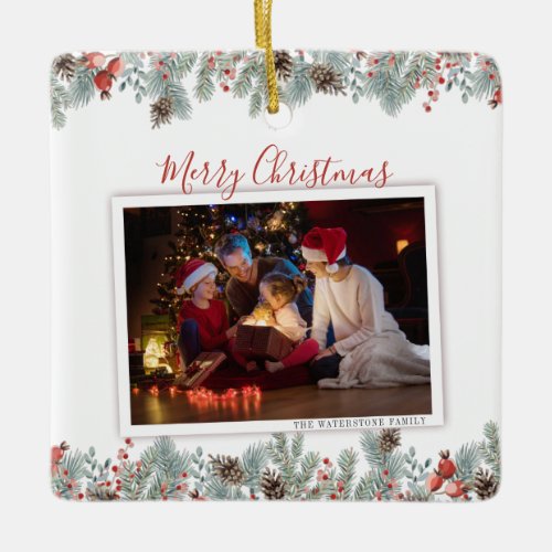 Modern Merry Christmas Family Photo Rustic Ceramic Ornament