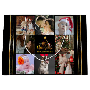 Modern Merry Christmas Family Photo Rustic Large Gift Bag