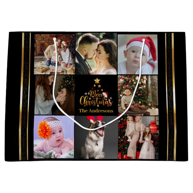 Modern Merry Christmas Family Photo Rustic  Large Gift Bag (Front)