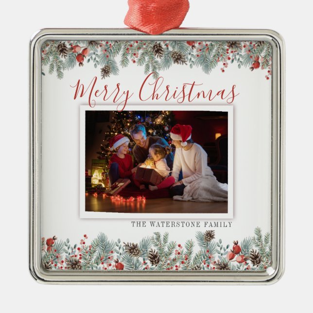 Modern Merry Christmas Family Photo Rustic Metal Ornament (Front)