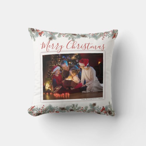 Modern Merry Christmas Family Photo Rustic Throw Pillow
