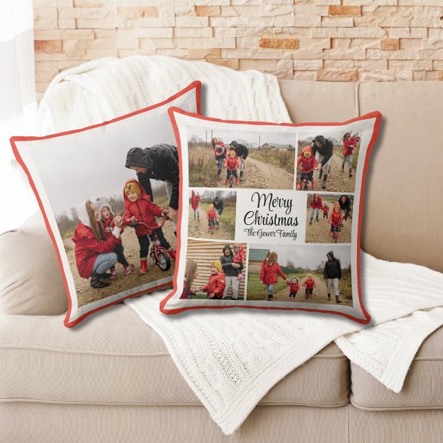 Modern Merry Christmas Family Photo Throw Pillow (Creator Uploaded)