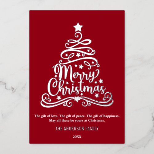 Modern Merry Christmas Family Tree Silver Foil Holiday Card