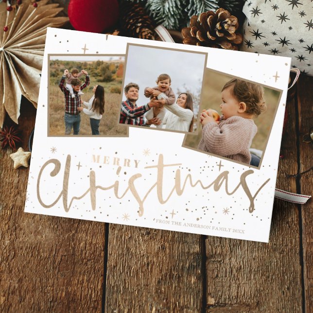 Modern Merry Christmas Faux Gold 3 Photo Postcard (Creator Uploaded)