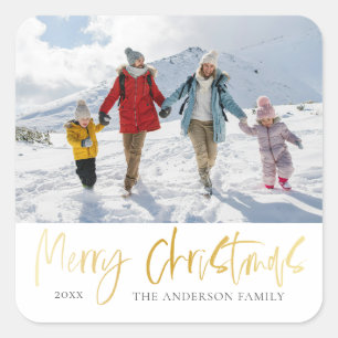 Modern Merry Christmas Faux Gold & Photo Square Sticker