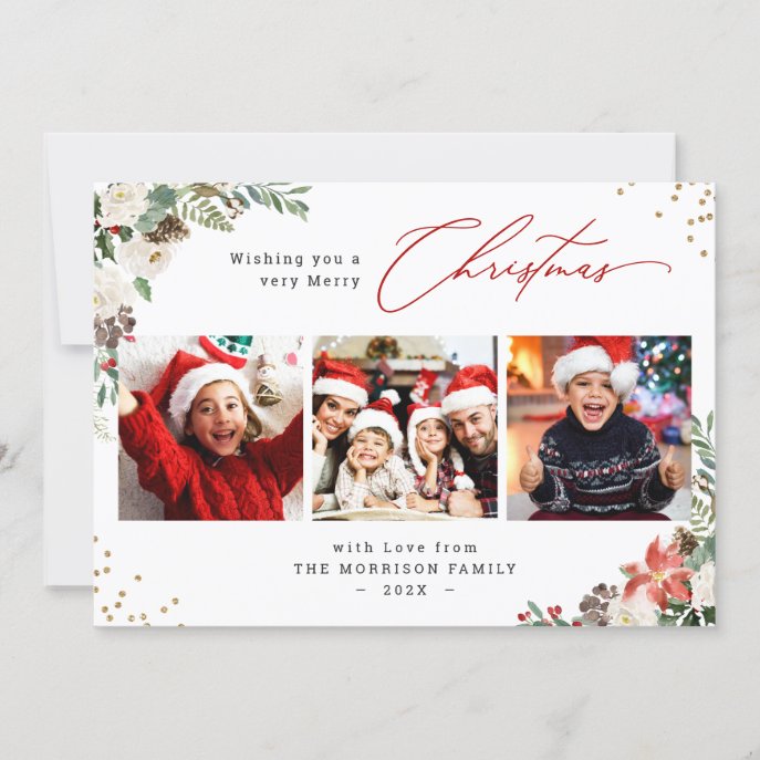 Modern Merry Christmas Floral 3 Photo Greeting Holiday Card