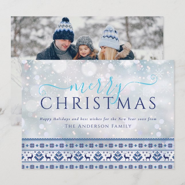 Modern Merry Christmas Folk Pattern Photo Holiday Card (Front/Back)