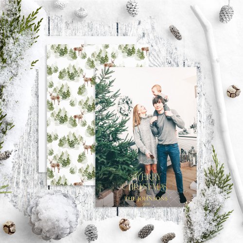 Modern Merry Christmas Forest Green Gold Photo Foil Holiday Card