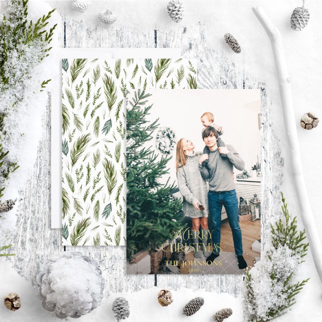 Modern Merry Christmas Forest Green Gold Photo  Foil Holiday Card (Creator Uploaded)