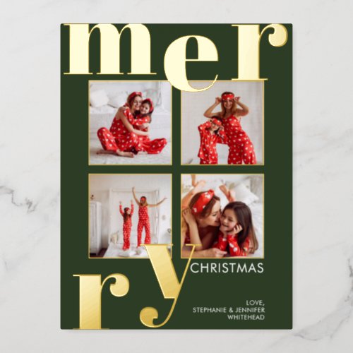 Modern Merry Christmas Forest Green Photo Collage Foil Holiday Postcard