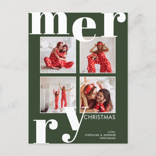 Modern Merry Christmas Forest Green Photo Collage Holiday Postcard
