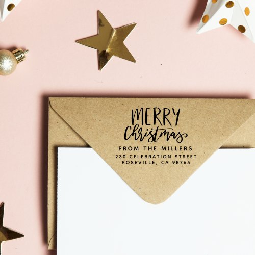 Modern Merry Christmas From Family Return Address Rubber Stamp