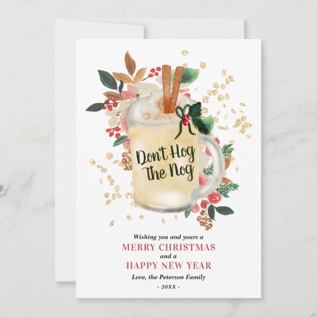 Modern Merry Christmas glitter funny eggnog quote Holiday Card (Front)
