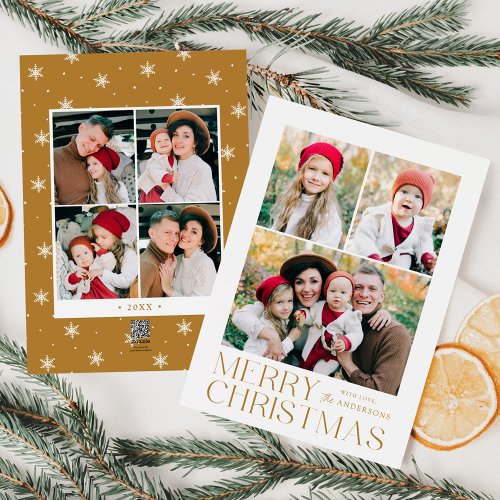 Modern Merry Christmas Gold 7 Photo Collage Holiday Card