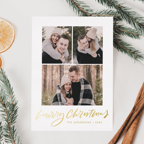 Modern Merry Christmas Gold Script 3 Photo Foil Holiday Card