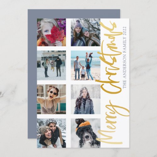 Modern Merry Christmas Gold Script 8 Photo Collage Holiday Card