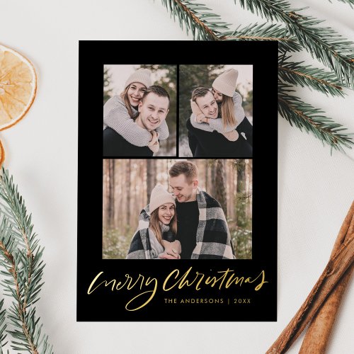 Modern Merry Christmas Gold Script Black 3 Photo Foil Holiday Card