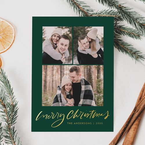 Modern Merry Christmas Gold Script Green 3 Photo Foil Holiday Card