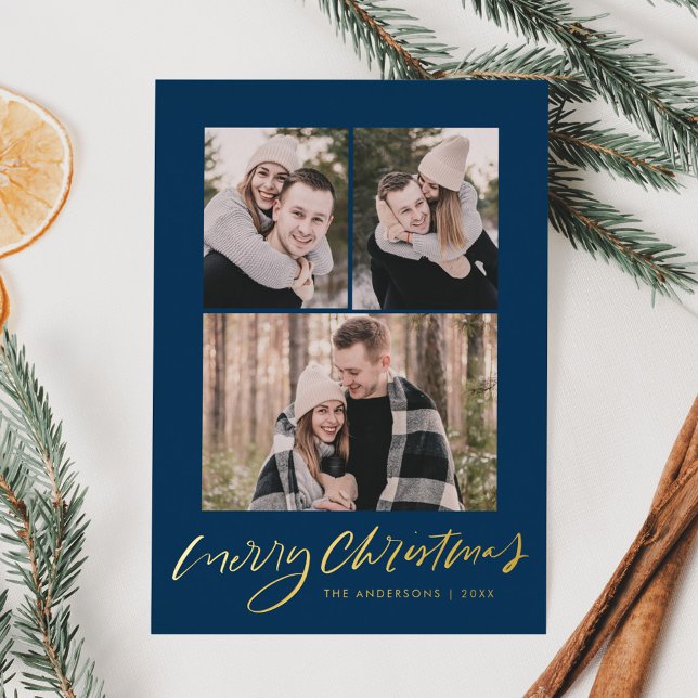 Modern Merry Christmas Gold Script Navy 3 Photo Foil Holiday Card (Creator Uploaded)