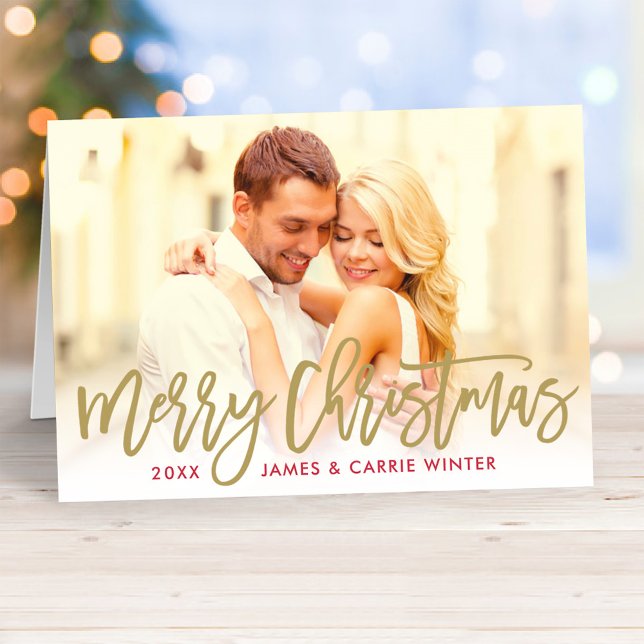Modern Merry Christmas Gold Script Photo Overlay Holiday Card (Creator Uploaded)