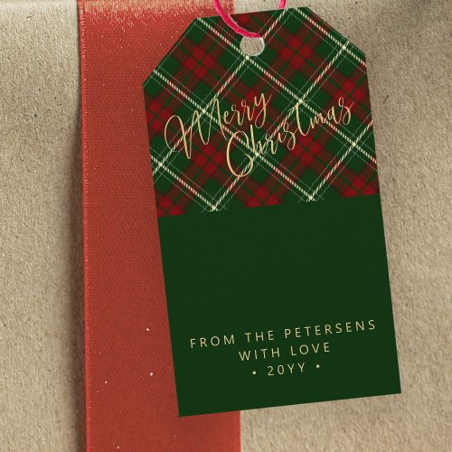 Modern Merry Christmas gold script red green Gift Tags