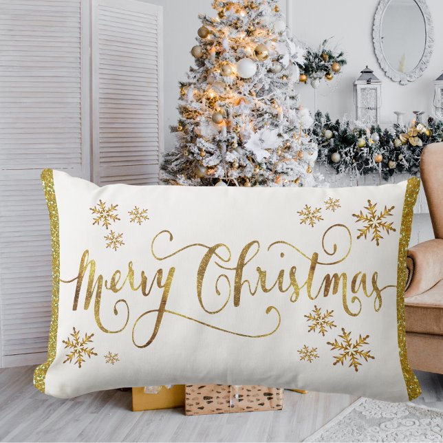 Modern Merry Christmas Gold White Accent Lumbar Pillow (Festive Gold, White, Merry Christmas Lumbar Pillow)