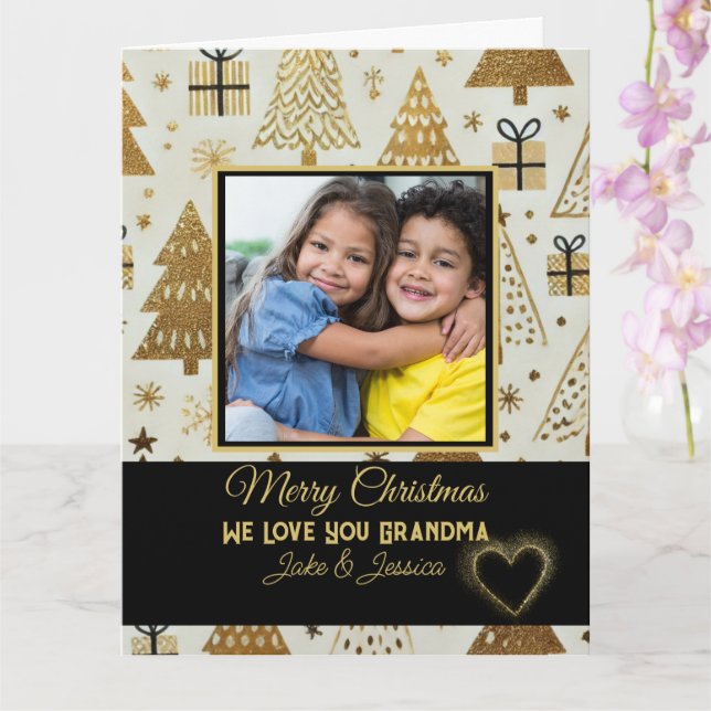 Modern Merry Christmas Grandma Black and Gold  Card (Orchid)