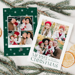 Modern Merry Christmas Green 7 Photo Collage Holiday Card<br><div class="desc">Simple and elegant holiday card featuring a 3 photo collage on the front with "Merry Christmas" displayed in green modern lettering. Personalize the front of the card by adding your photos and name. The card reverses to display 4 additional photos and the year with a white snowflake pattern background. The...</div>