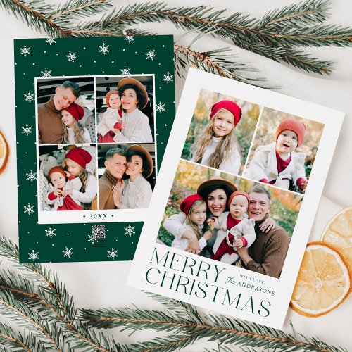 Modern Merry Christmas Green 7 Photo Collage Holiday Card
