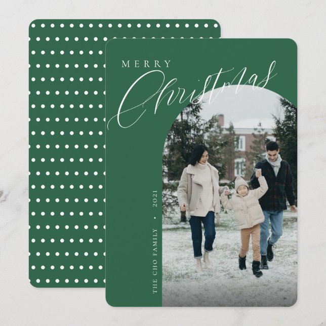 Modern Merry Christmas Green Arch Framed Photo Hol Holiday Card (Front/Back)