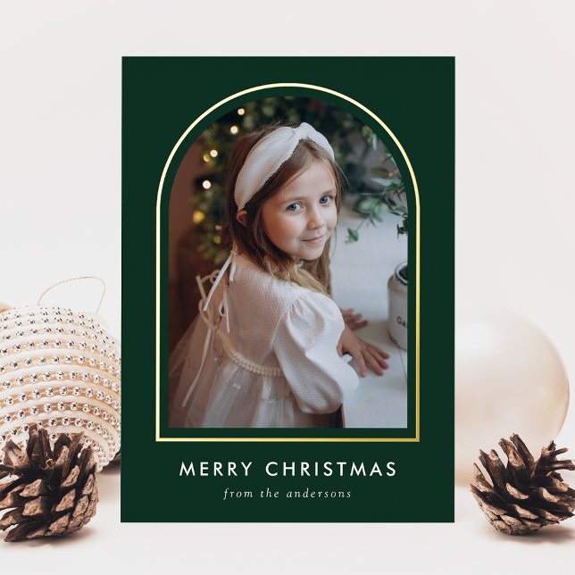 Modern Merry Christmas Green Arch Photo Foil Holiday Card (Creator Uploaded)