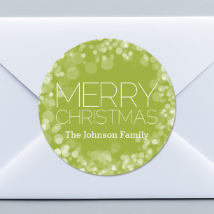 Modern Merry Christmas Green Bokeh Personalized Classic Round Sticker