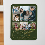 Modern Merry Christmas green photo collage Magnet<br><div class="desc">Elegant stylish Merry Christmas faux gold classic calligraphy script six family photos green holiday festive keepsake magnet with your custom personalized text.</div>