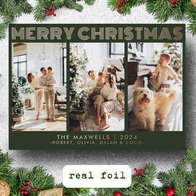 Modern Merry Christmas Green Photo Foil Holiday Card (Creator Uploaded)