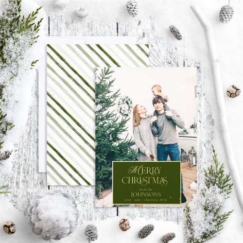 Modern Merry Christmas Green Photo Foil Holiday Card