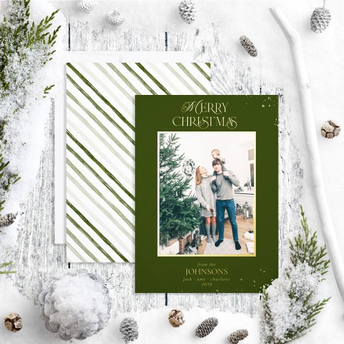 Modern Merry Christmas Green Photo Foil Holiday Card