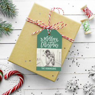 Modern Merry Christmas Green Script Photo Gift Tags