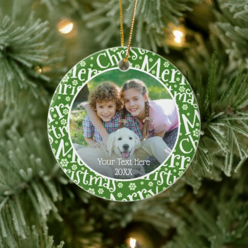 Modern MERRY CHRISTMAS Green Snowflake Photo Ceramic Ornament