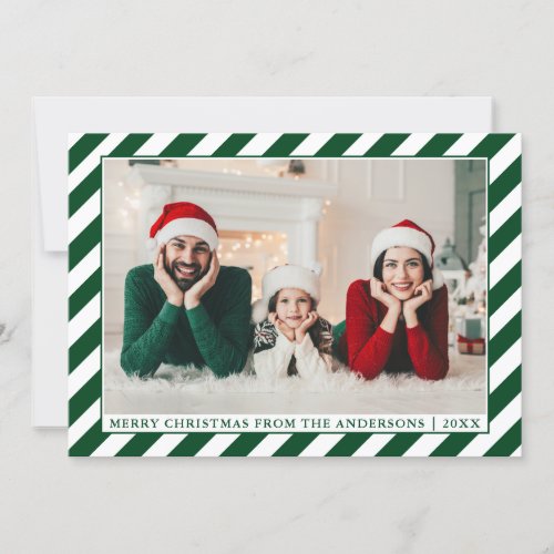 Modern Merry Christmas Green Stripes Photo Holiday Card
