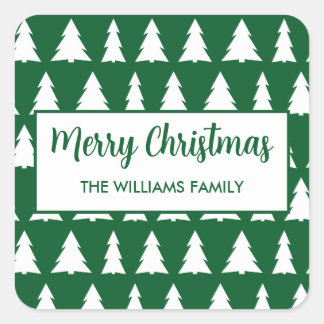 Modern Merry Christmas Green White Tree Pattern Square Sticker