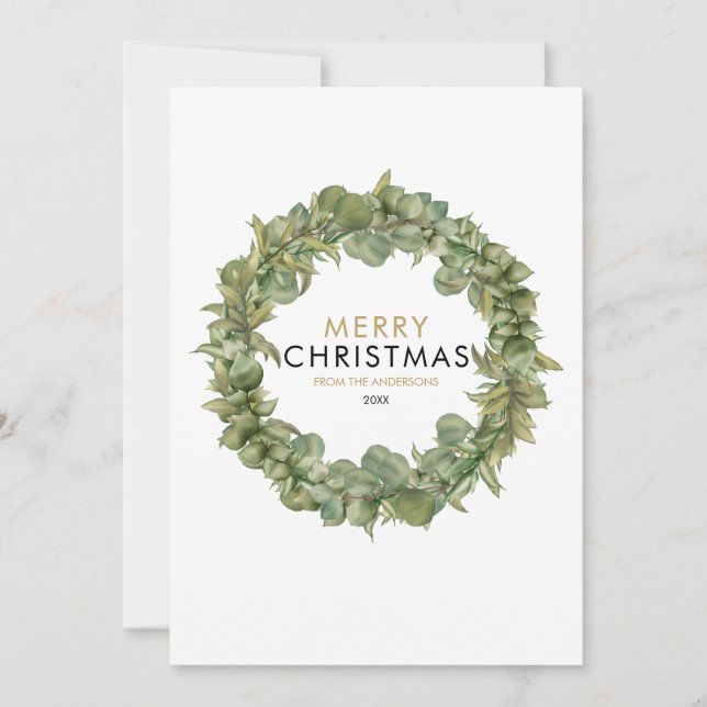 Modern Merry Christmas Greenery Garland Holiday Card (Front)