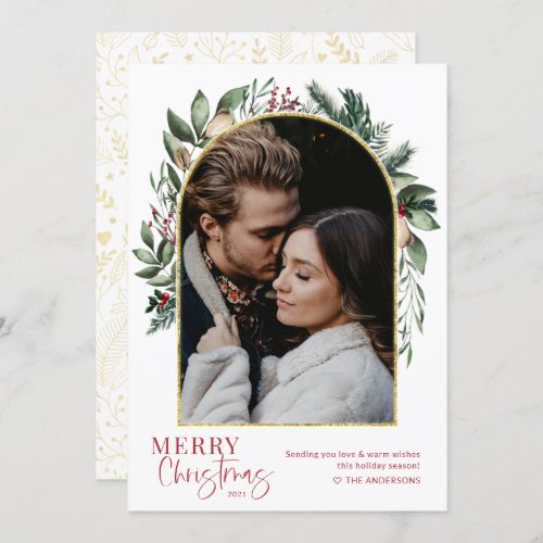 Modern Merry Christmas Greenery Gold Arch Photo Holiday Card