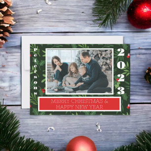 Modern Merry Christmas Greenery Holly 2 Photo Holiday Card